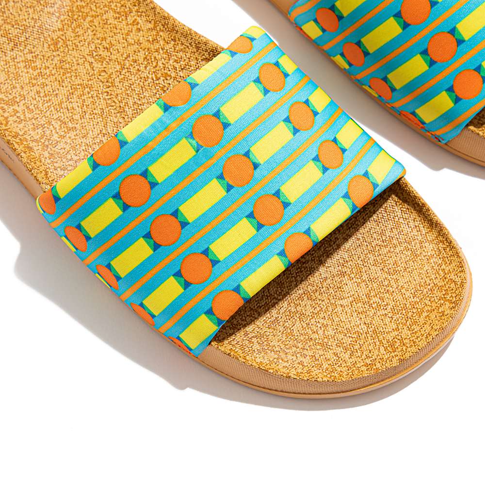 Women's Fitflop IQUSHION X Yinka Ilori Water-Resistant Slides Blue/Yellow | Ireland-80236