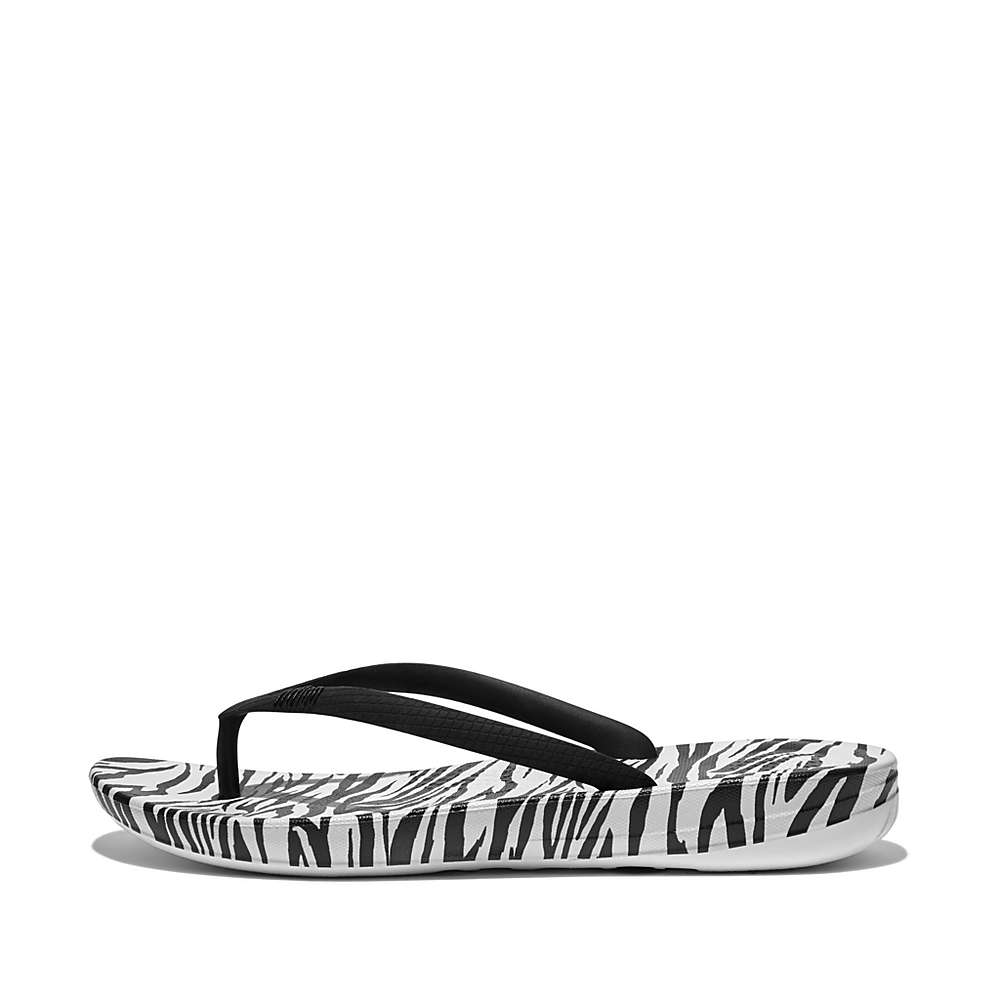 Women\'s Fitflop IQUSHION Zebra Print Ergonomic Flip Flops Black/White | Ireland-46519