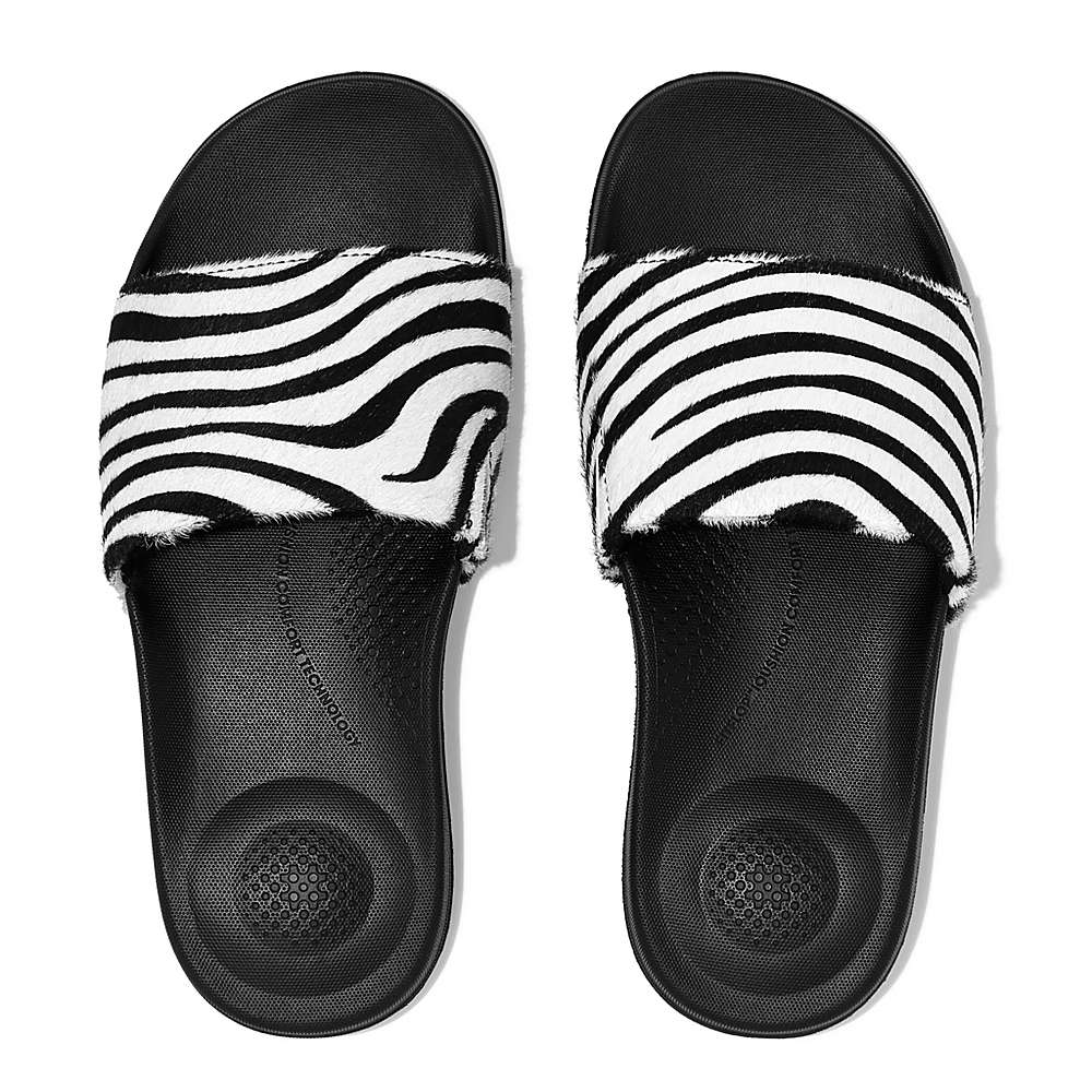 Women's Fitflop IQUSHION Zebra Print Leather Slides Slides Black/White | Ireland-95084