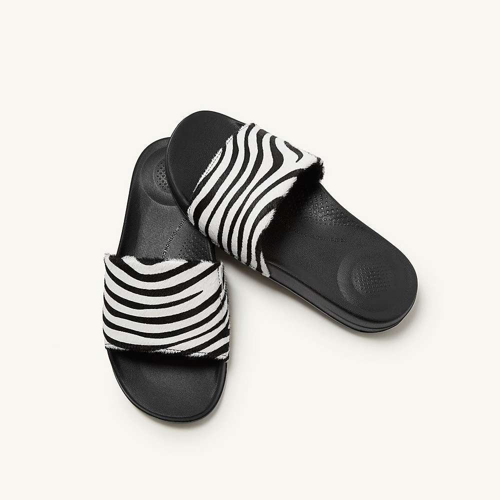 Women's Fitflop IQUSHION Zebra Print Leather Slides Slides Black/White | Ireland-95084