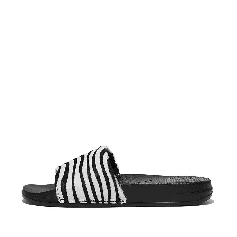 Women\'s Fitflop IQUSHION Zebra Print Leather Slides Slides Black/White | Ireland-95084