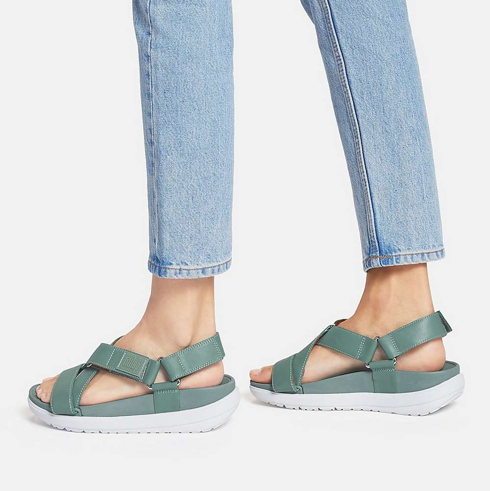 Women's Fitflop LOOSH Leather Cross-Strap Sandals Green | Ireland-39126