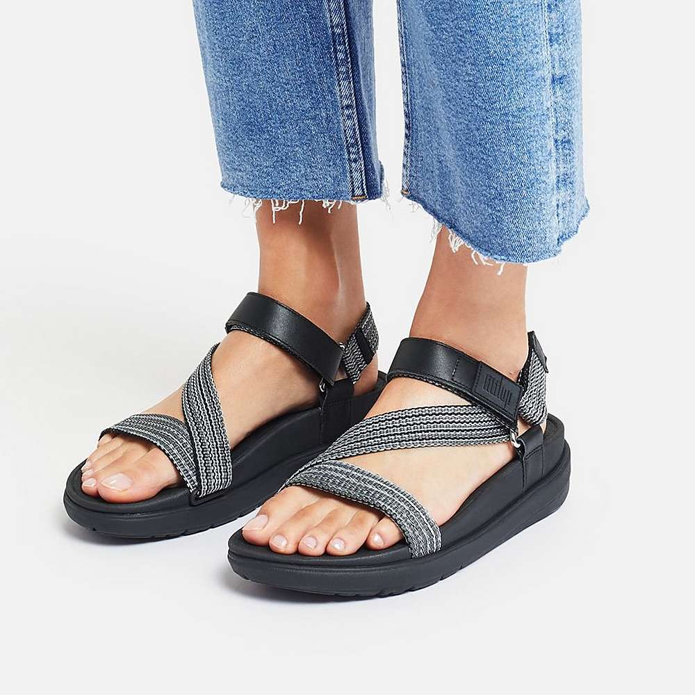 Women's Fitflop LOOSH Webbing Z-Strap Sandals Black | Ireland-67834