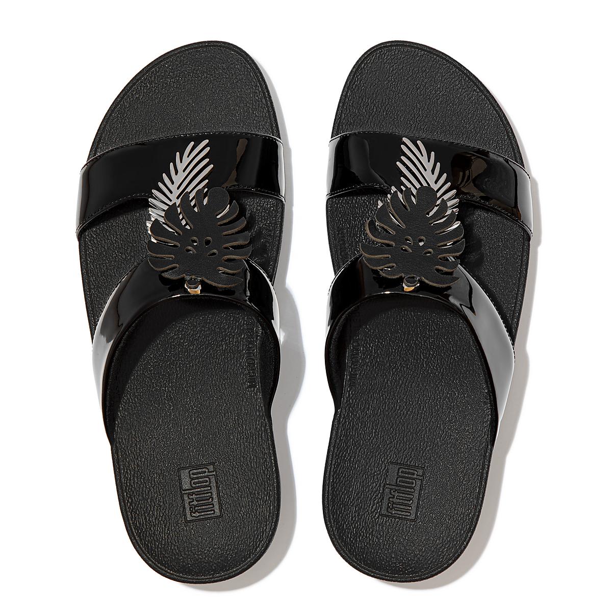 Women's Fitflop LOTTIE Jungle Leaf Patent Slides Sandals Black | Ireland-28316