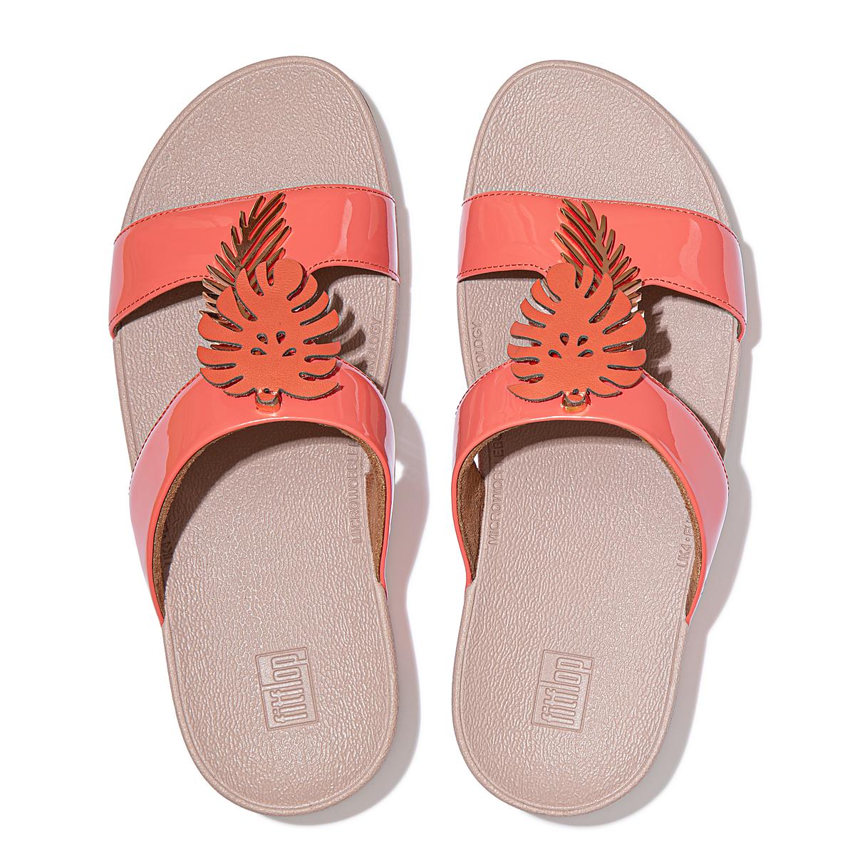 Women's Fitflop LOTTIE Jungle Leaf Patent Slides Sandals Coral Pink | Ireland-67419