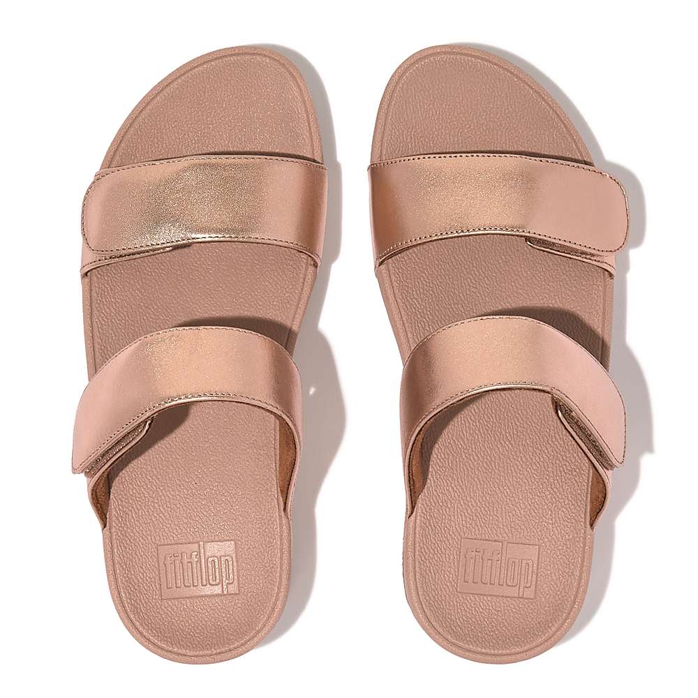 Women's Fitflop LULU Adjustable Leather Slides Sandals Rose Gold | Ireland-03457