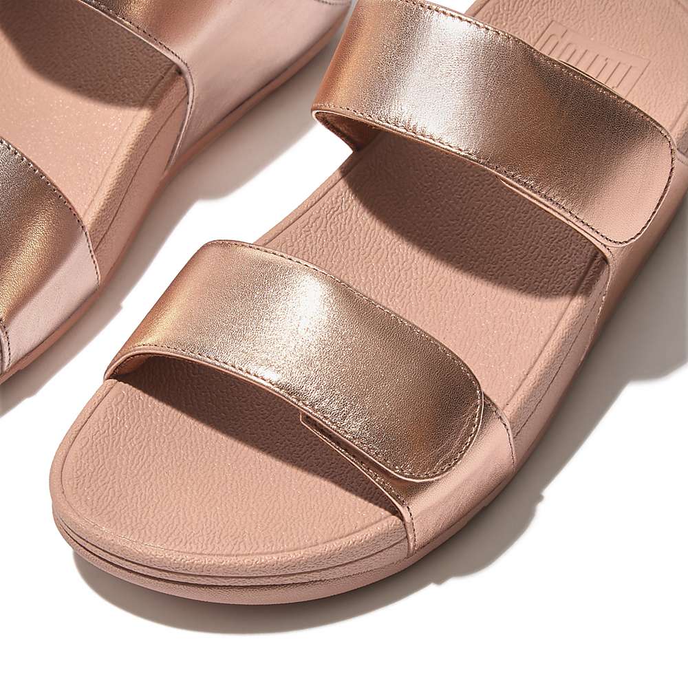 Women's Fitflop LULU Adjustable Leather Slides Sandals Rose Gold | Ireland-03457