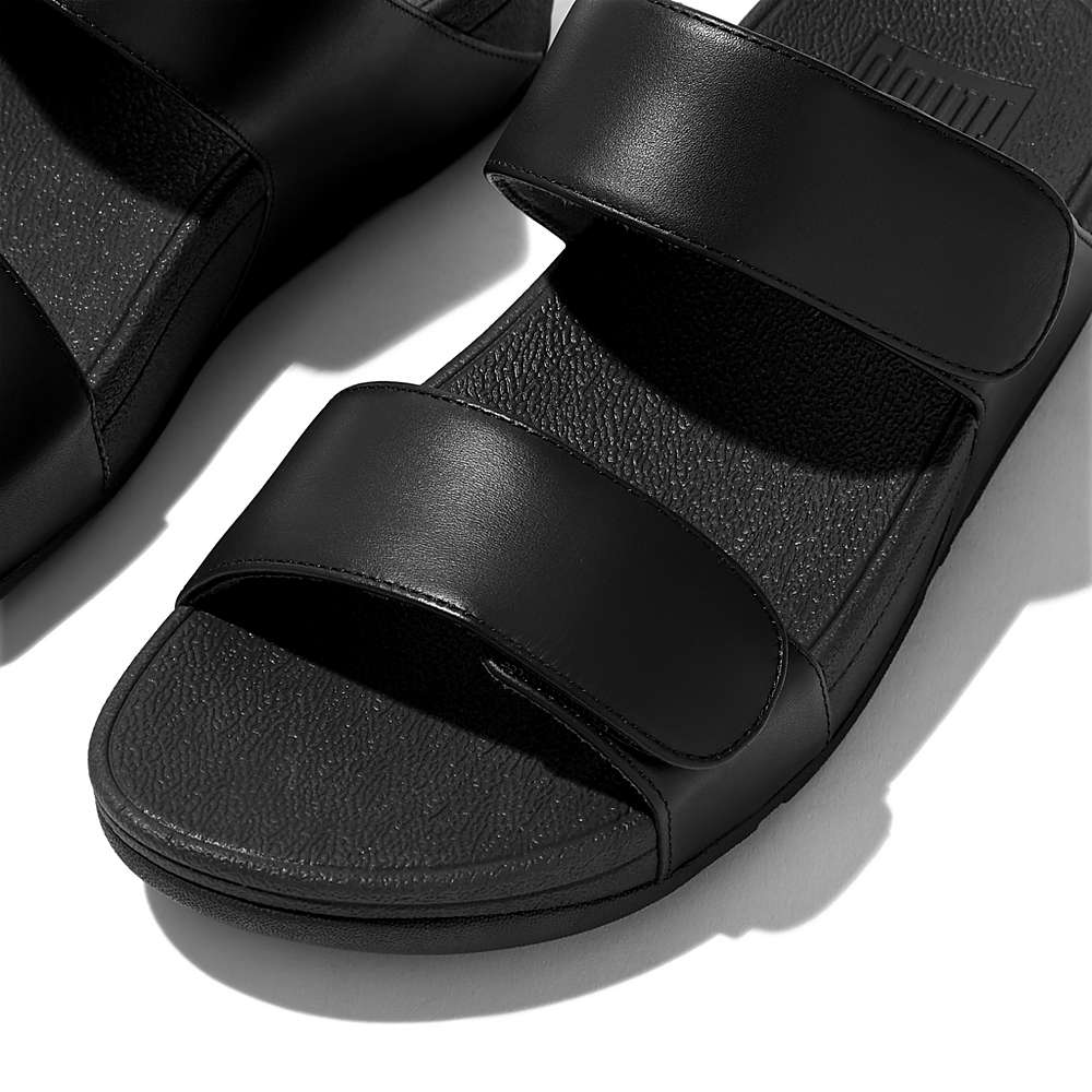 Women's Fitflop LULU Adjustable Leather Slides Sandals Black | Ireland-17683