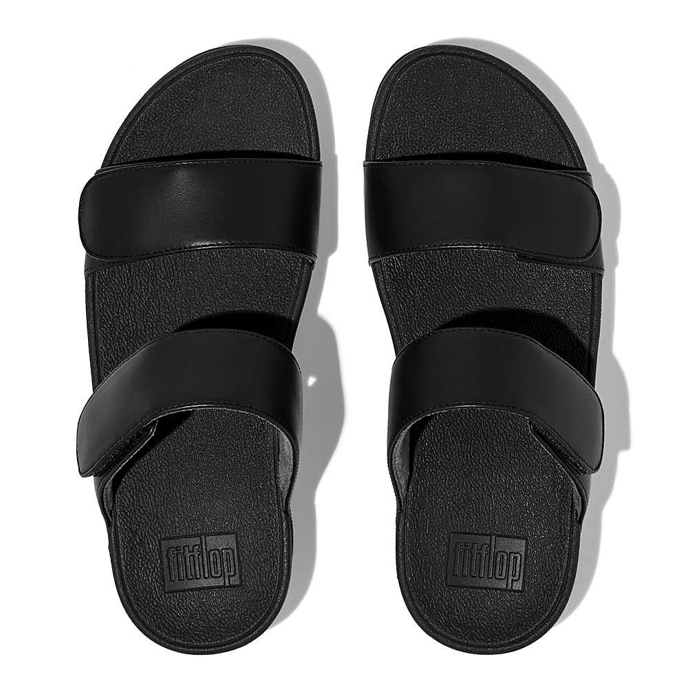 Women's Fitflop LULU Adjustable Leather Slides Sandals Black | Ireland-17683