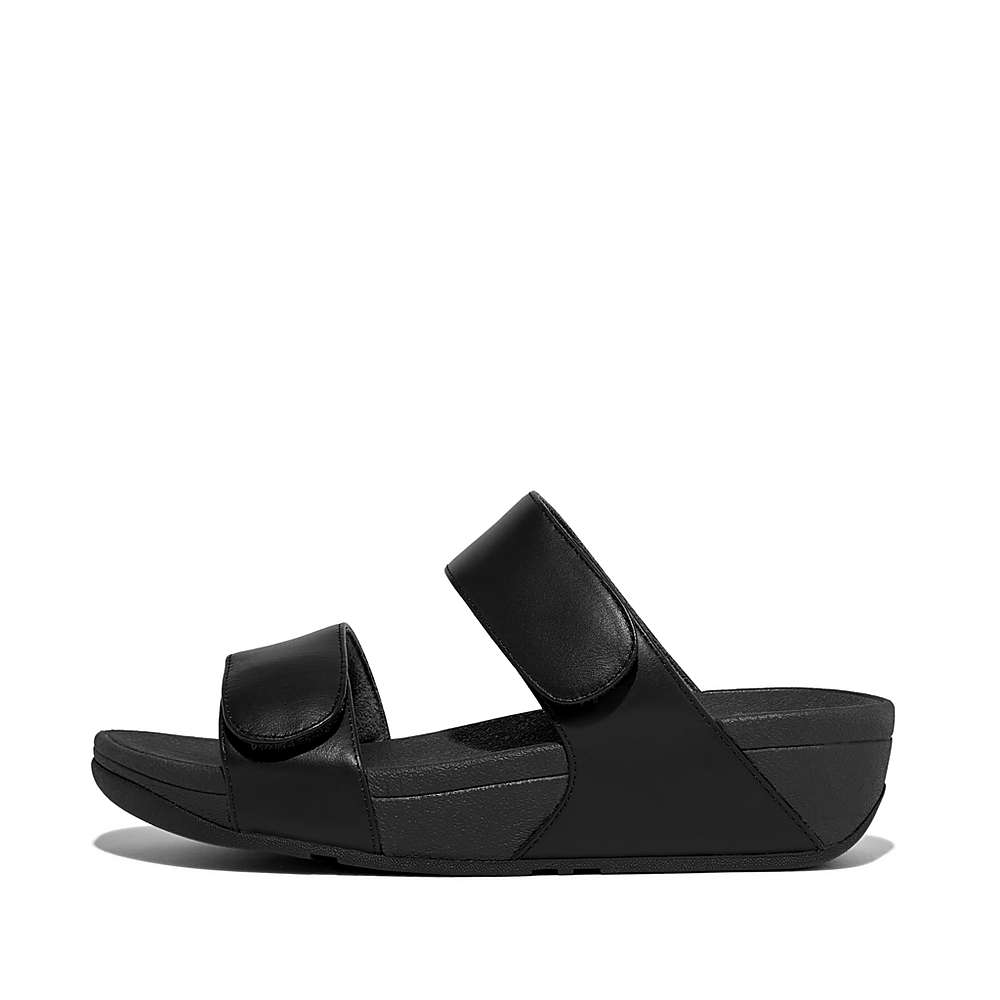 Women\'s Fitflop LULU Adjustable Leather Slides Sandals Black | Ireland-17683