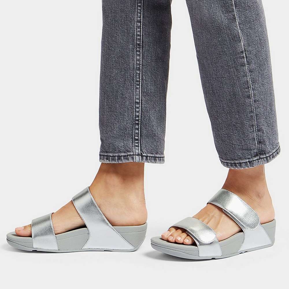 Women's Fitflop LULU Adjustable Leather Slides Sandals Silver | Ireland-21058