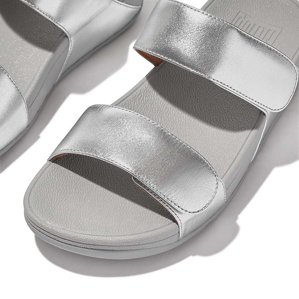 Women's Fitflop LULU Adjustable Leather Slides Sandals Silver | Ireland-21058