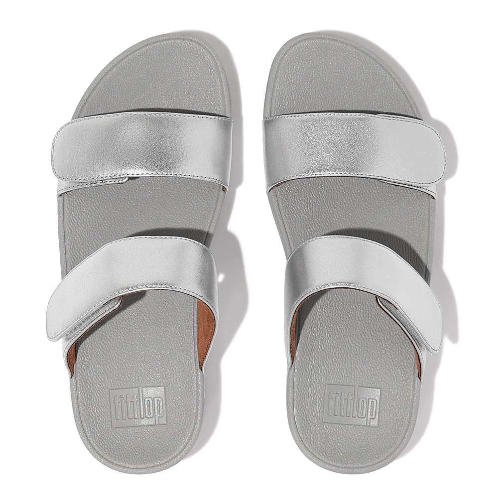 Women's Fitflop LULU Adjustable Leather Slides Sandals Silver | Ireland-21058