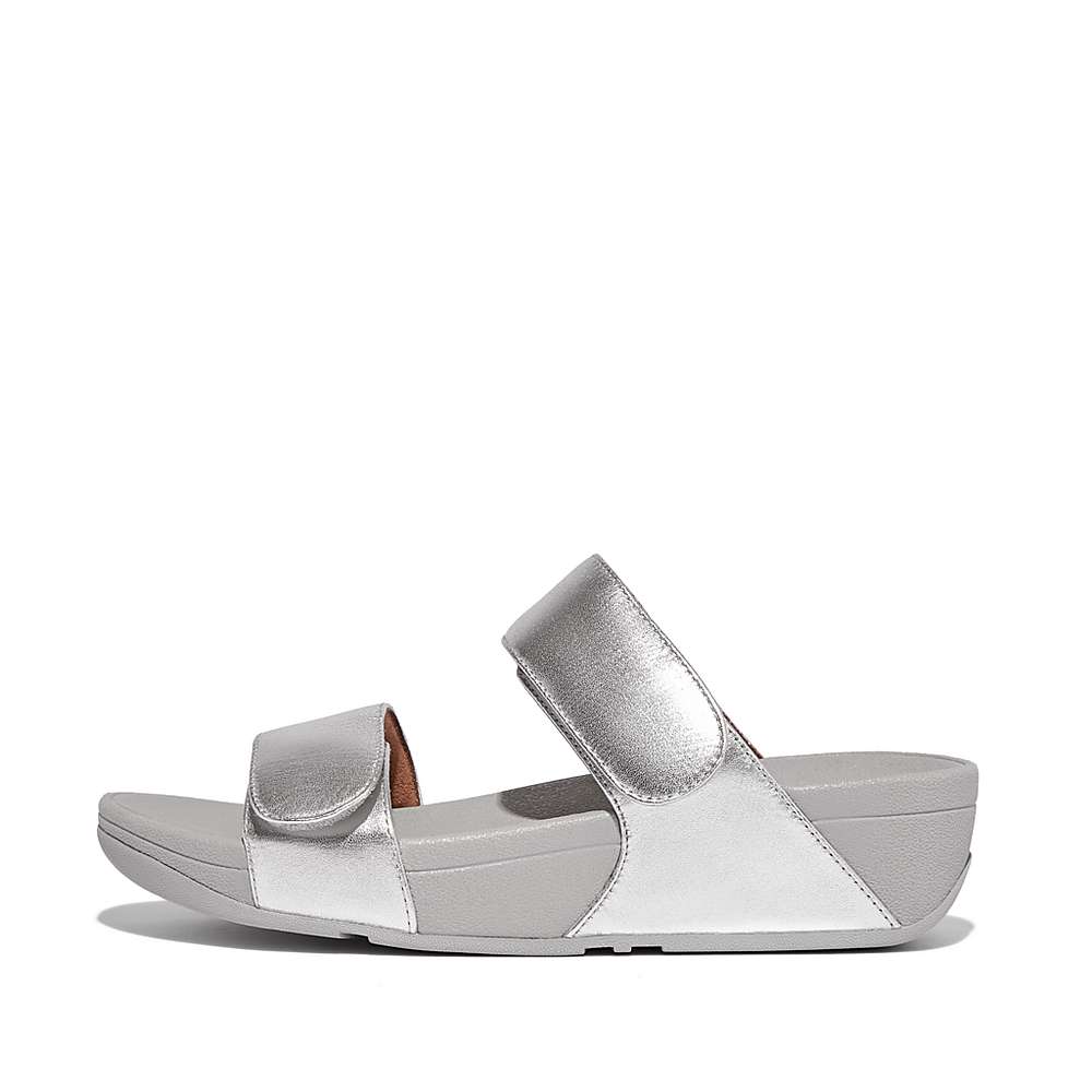 Women\'s Fitflop LULU Adjustable Leather Slides Sandals Silver | Ireland-21058