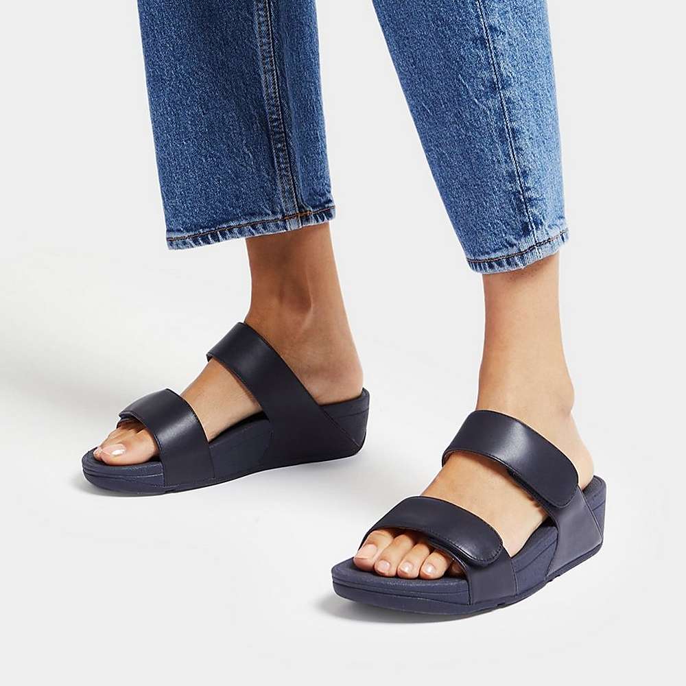 Women's Fitflop LULU Adjustable Leather Slides Sandals Navy | Ireland-60352