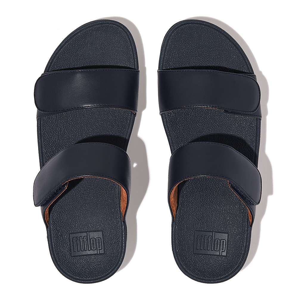 Women's Fitflop LULU Adjustable Leather Slides Sandals Navy | Ireland-60352