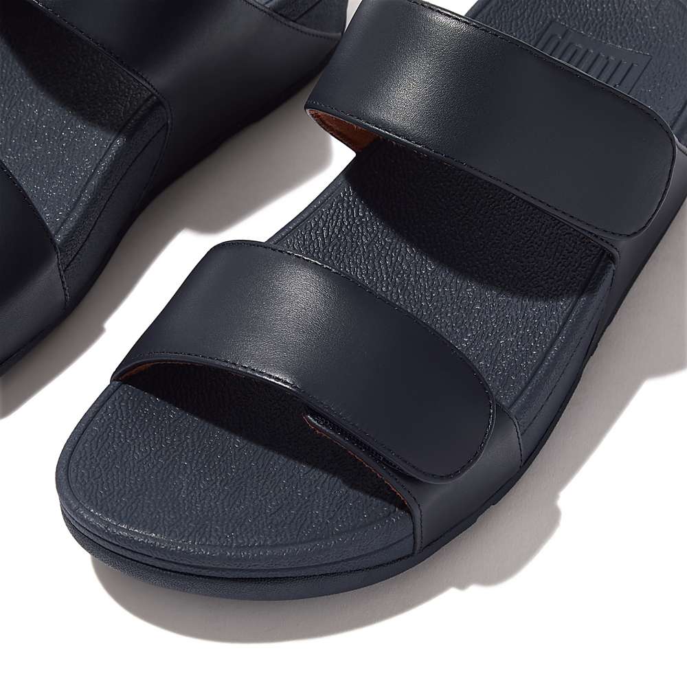 Women's Fitflop LULU Adjustable Leather Slides Sandals Navy | Ireland-60352