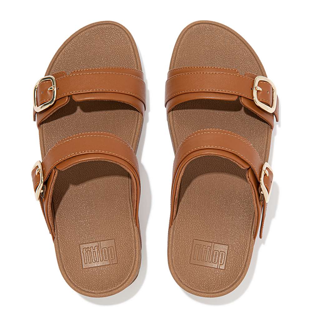 Women's Fitflop LULU Adjustable Leather Slides Sandals Light Brown | Ireland-61423