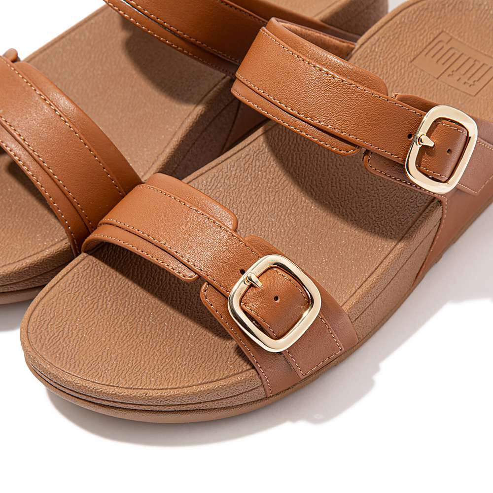 Women's Fitflop LULU Adjustable Leather Slides Sandals Light Brown | Ireland-61423