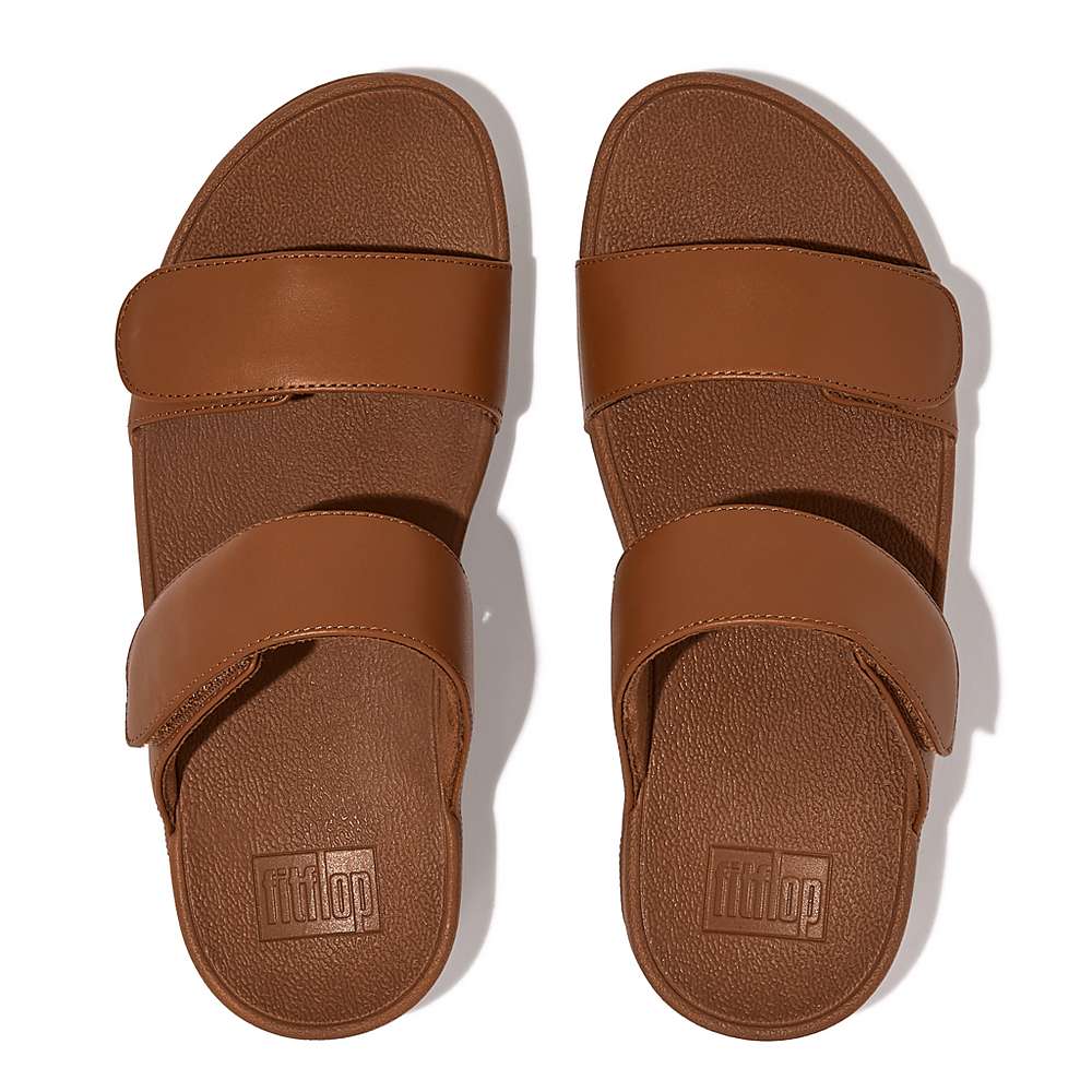 Women's Fitflop LULU Adjustable Leather Slides Sandals Light Brown | Ireland-67394