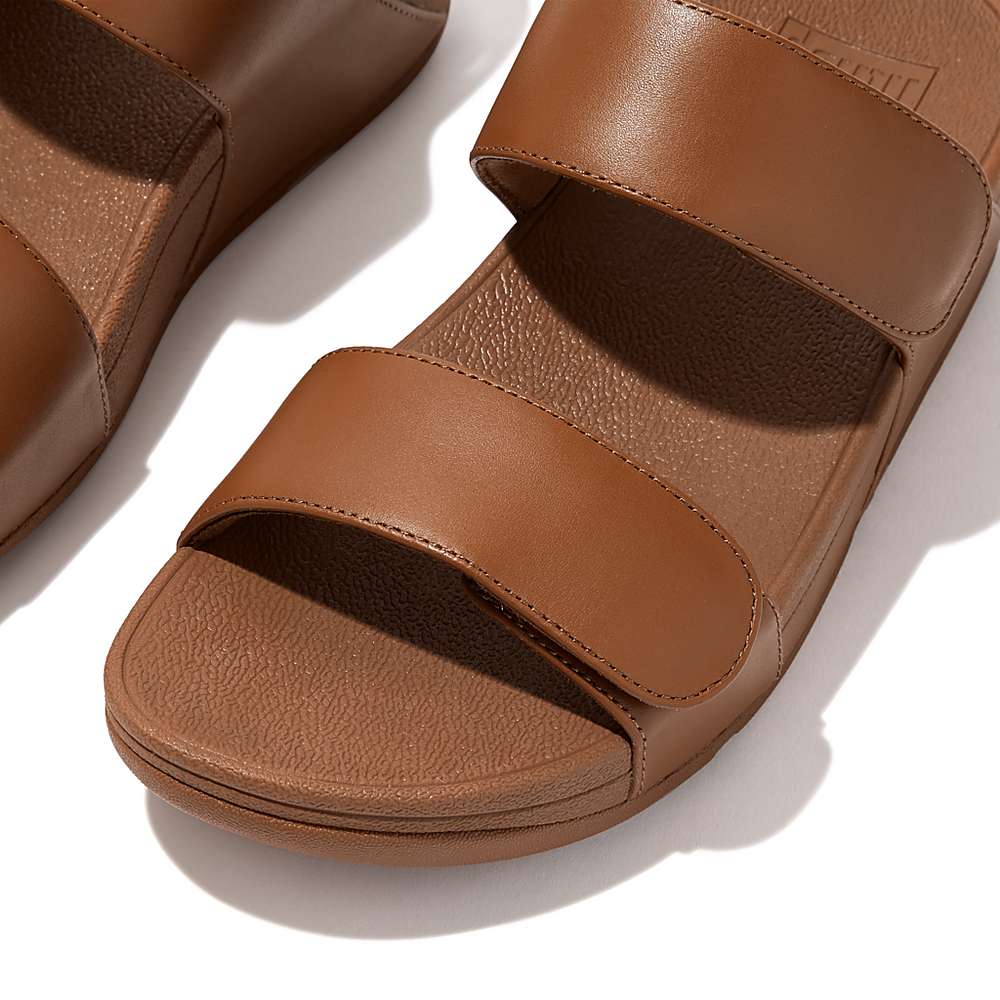 Women's Fitflop LULU Adjustable Leather Slides Sandals Light Brown | Ireland-67394