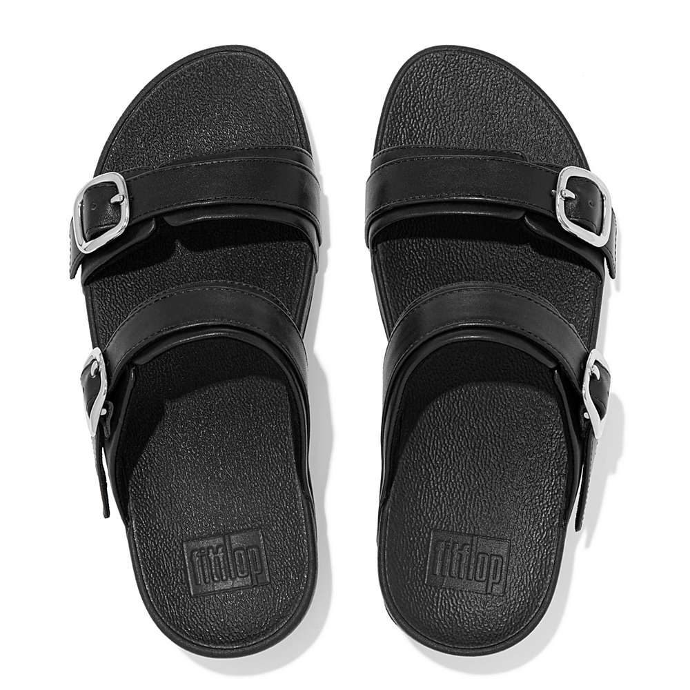 Women's Fitflop LULU Adjustable Leather Slides Sandals Black | Ireland-69123