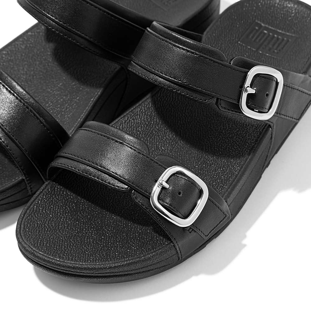 Women's Fitflop LULU Adjustable Leather Slides Sandals Black | Ireland-69123