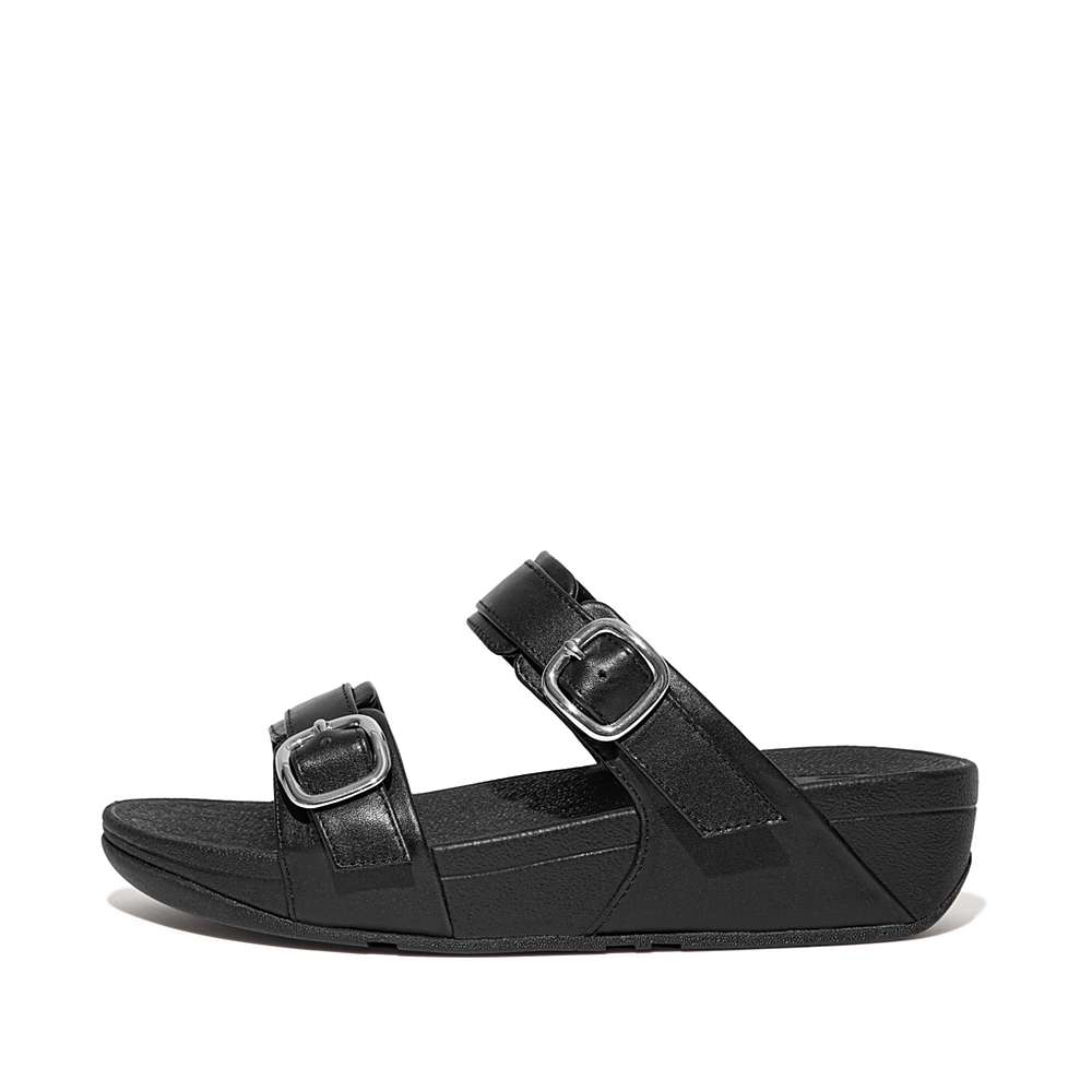 Women\'s Fitflop LULU Adjustable Leather Slides Sandals Black | Ireland-69123