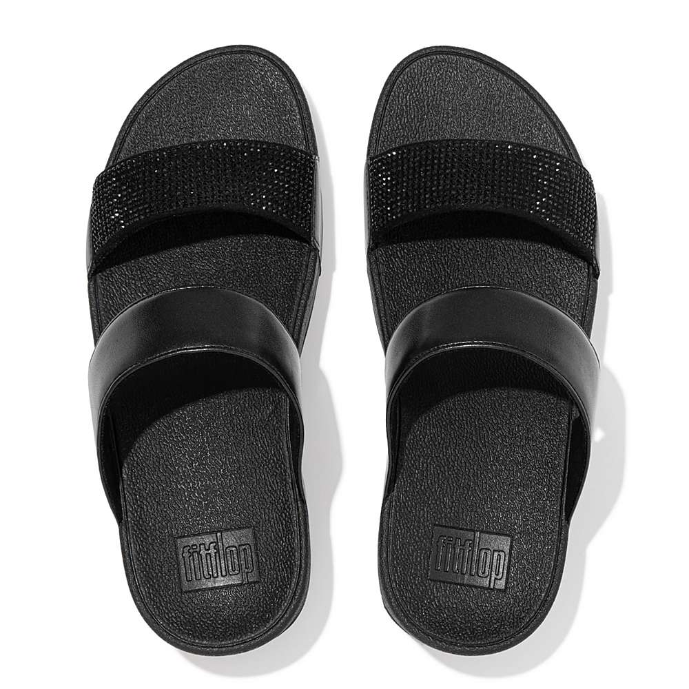 Women's Fitflop LULU Crystal Slides Sandals Black | Ireland-69328