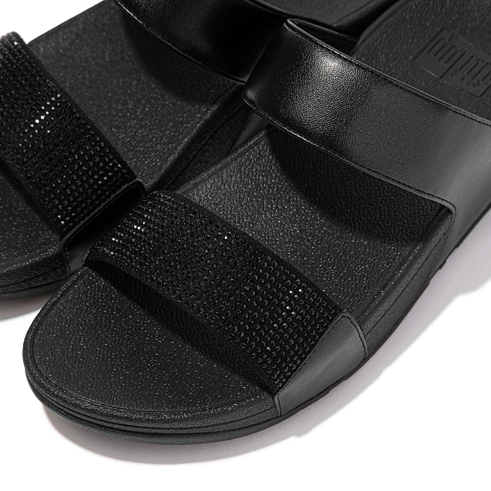 Women's Fitflop LULU Crystal Slides Sandals Black | Ireland-69328