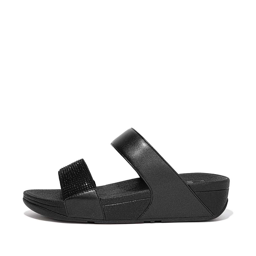 Women\'s Fitflop LULU Crystal Slides Sandals Black | Ireland-69328