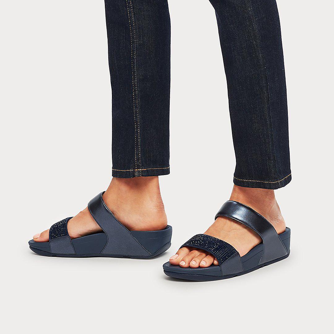 Women's Fitflop LULU Crystal Slides Sandals Navy | Ireland-74083