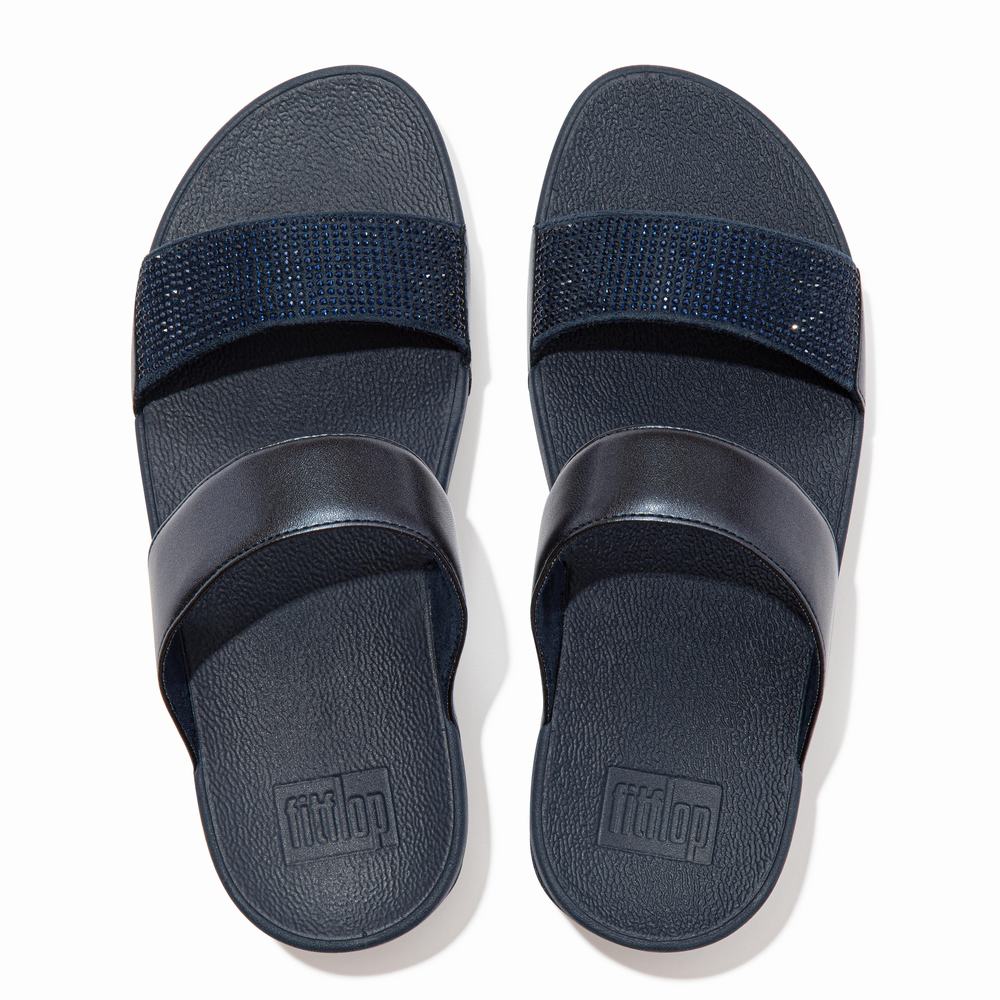 Women's Fitflop LULU Crystal Slides Sandals Navy | Ireland-74083