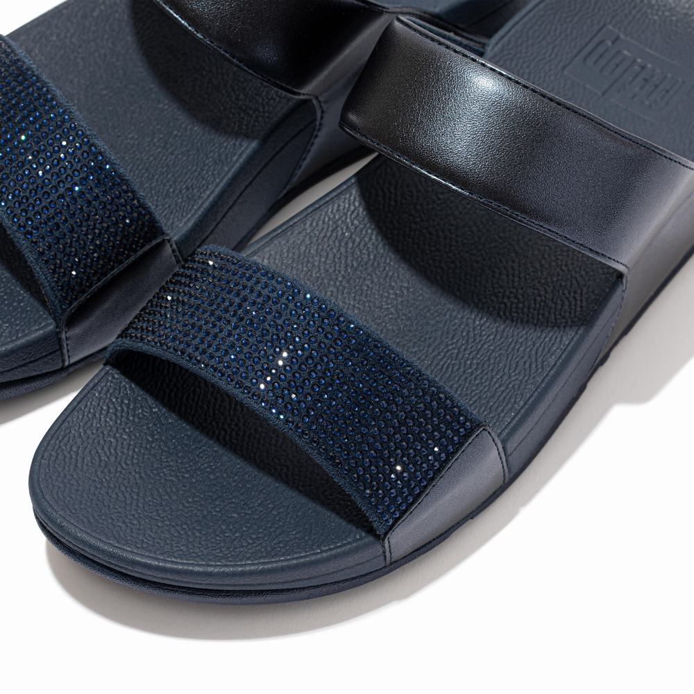 Women's Fitflop LULU Crystal Slides Sandals Navy | Ireland-74083