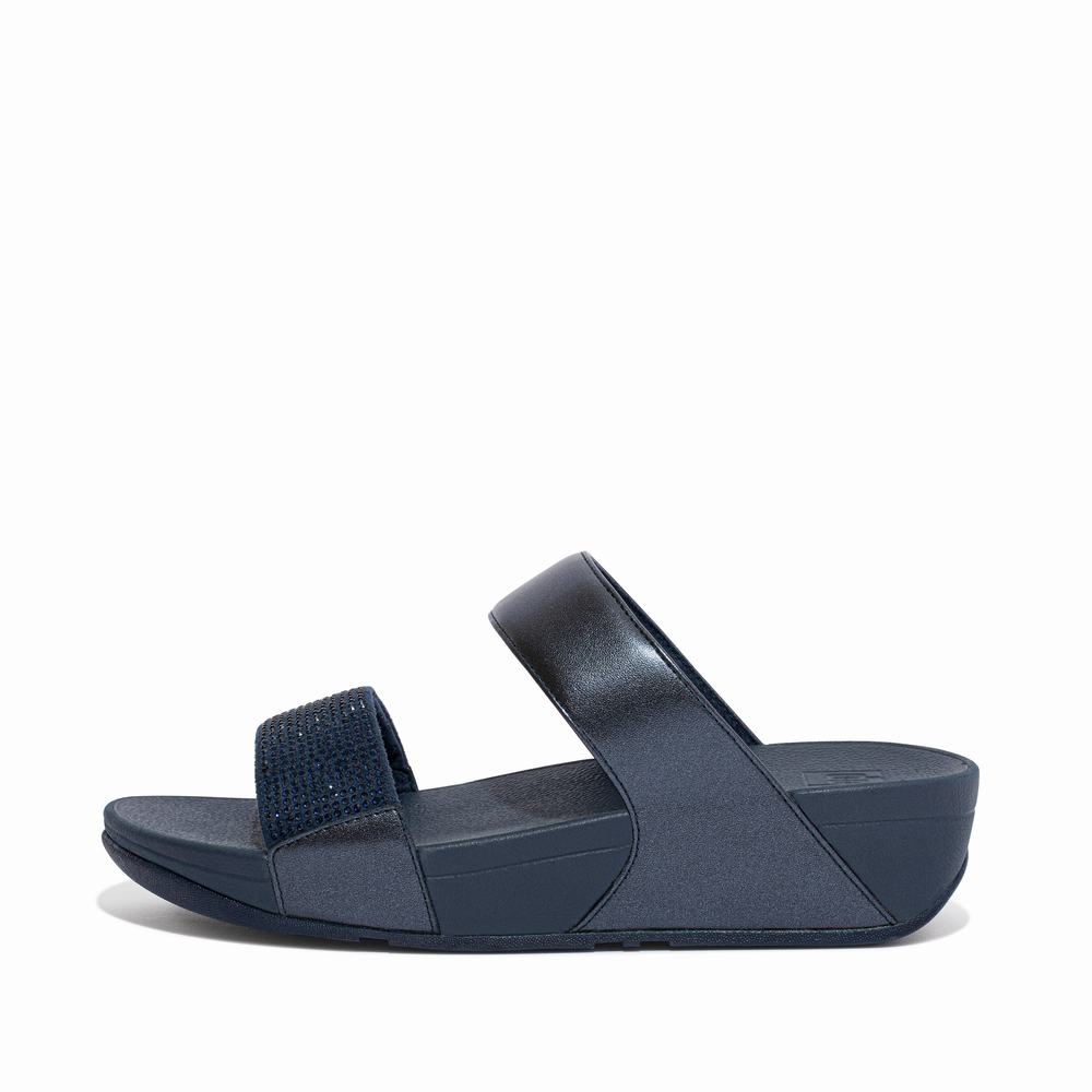 Women\'s Fitflop LULU Crystal Slides Sandals Navy | Ireland-74083