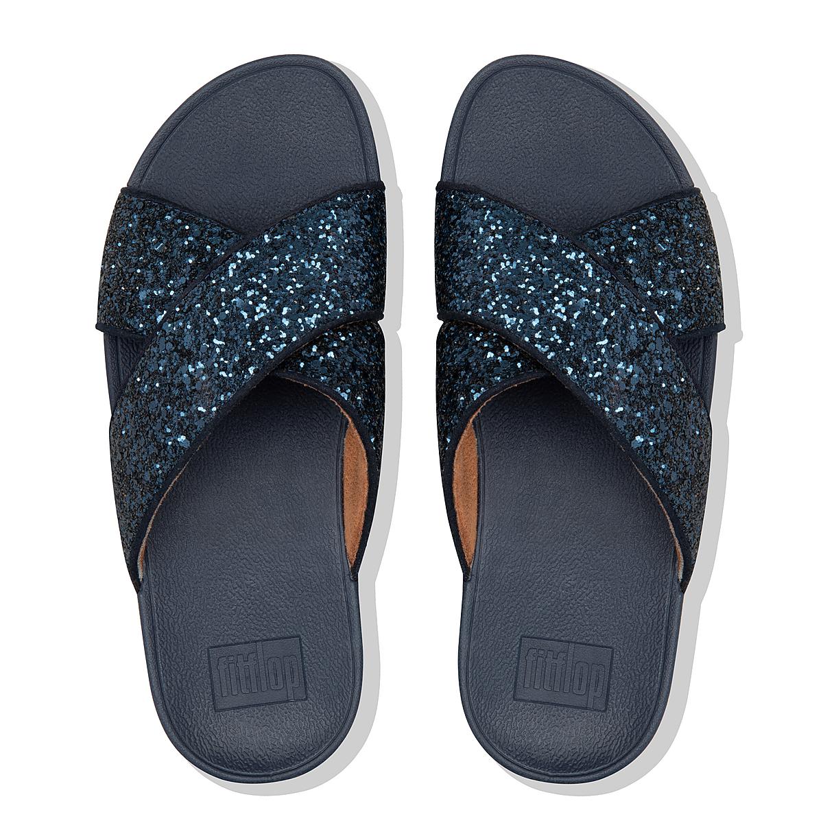 Women's Fitflop LULU Glitter Cross Slides Sandals Navy | Ireland-04859