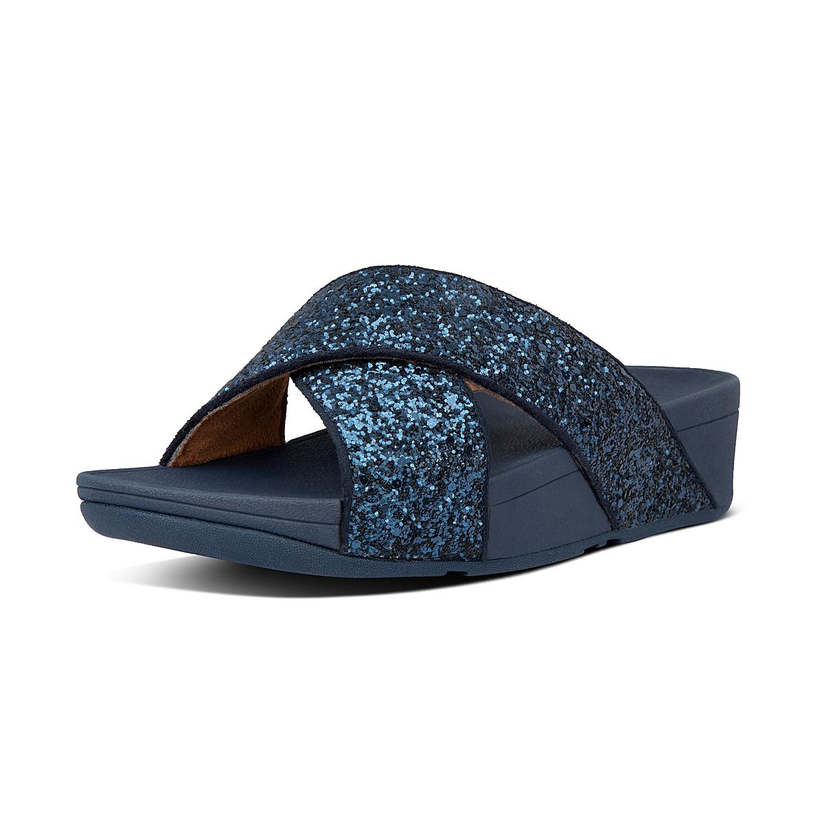 Women's Fitflop LULU Glitter Cross Slides Sandals Navy | Ireland-04859