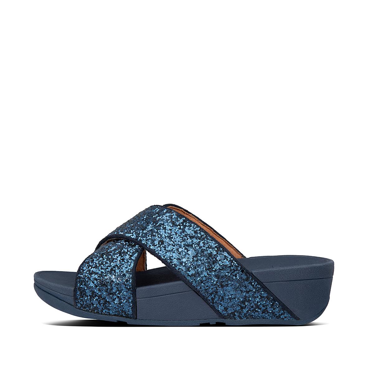 Women\'s Fitflop LULU Glitter Cross Slides Sandals Navy | Ireland-04859