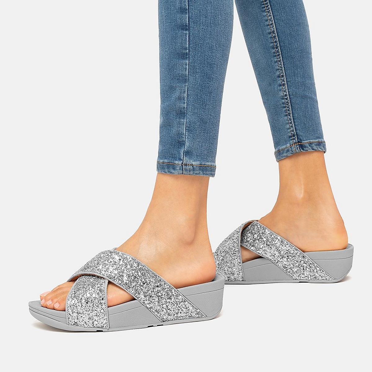 Women's Fitflop LULU Glitter Cross Slides Sandals Silver | Ireland-48172