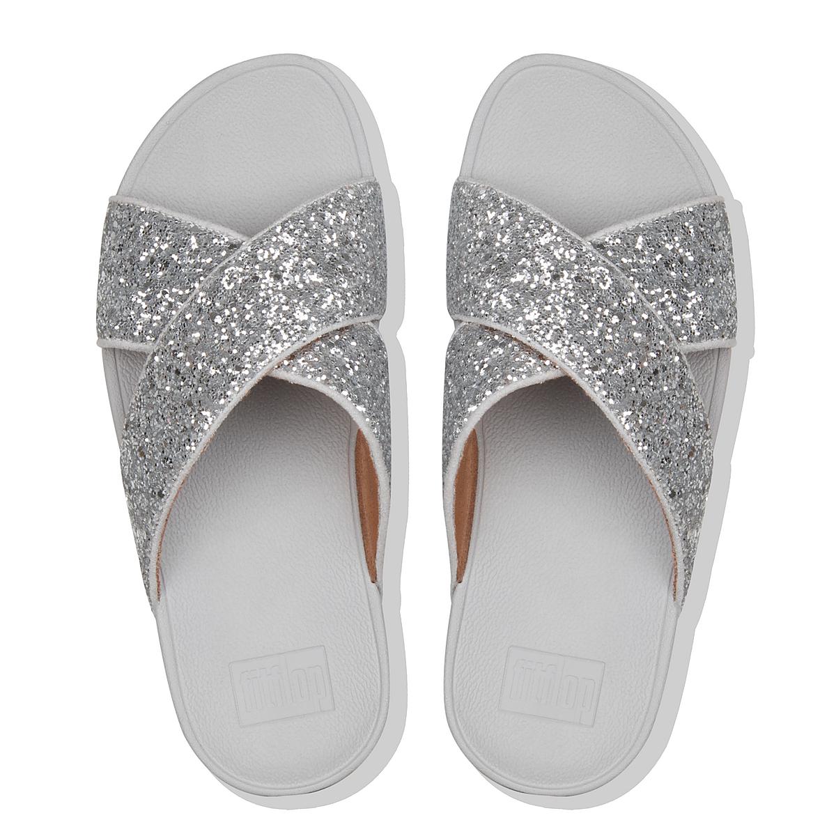 Women's Fitflop LULU Glitter Cross Slides Sandals Silver | Ireland-48172