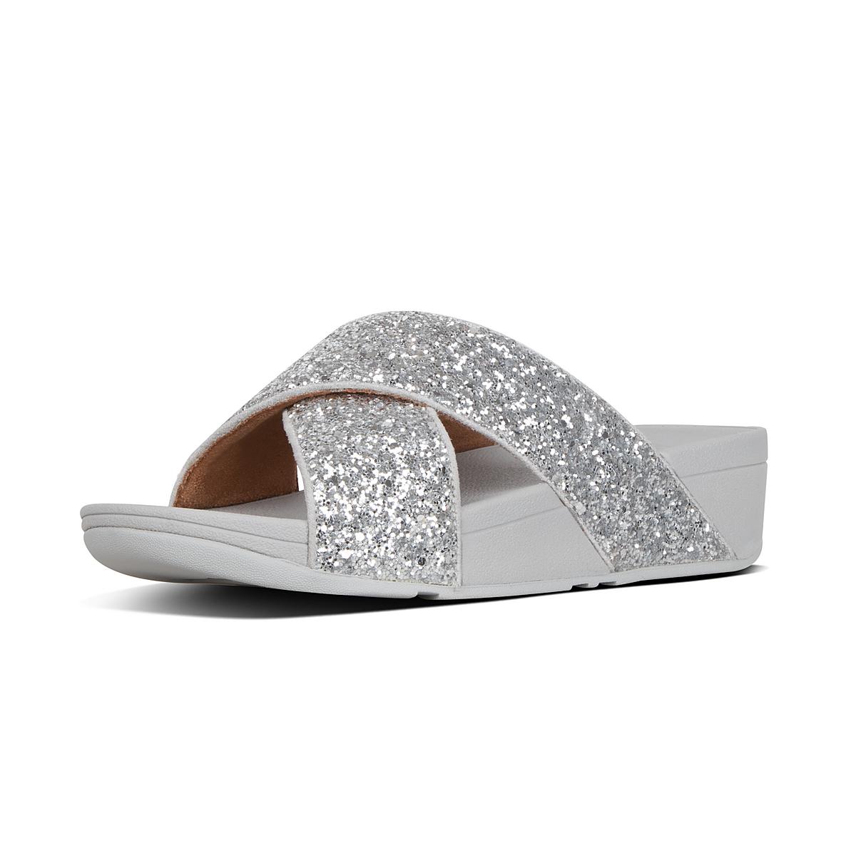 Women's Fitflop LULU Glitter Cross Slides Sandals Silver | Ireland-48172