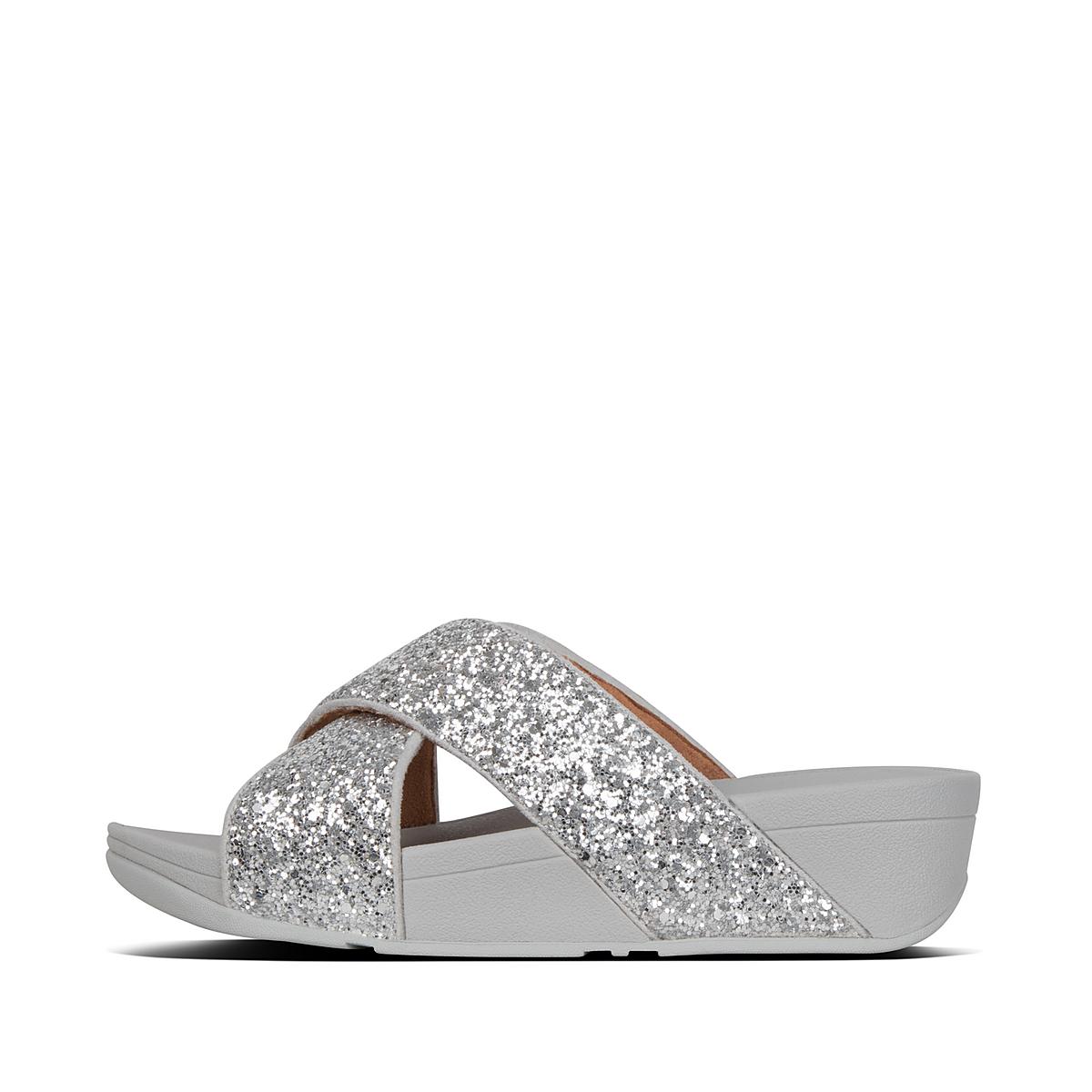 Women\'s Fitflop LULU Glitter Cross Slides Sandals Silver | Ireland-48172