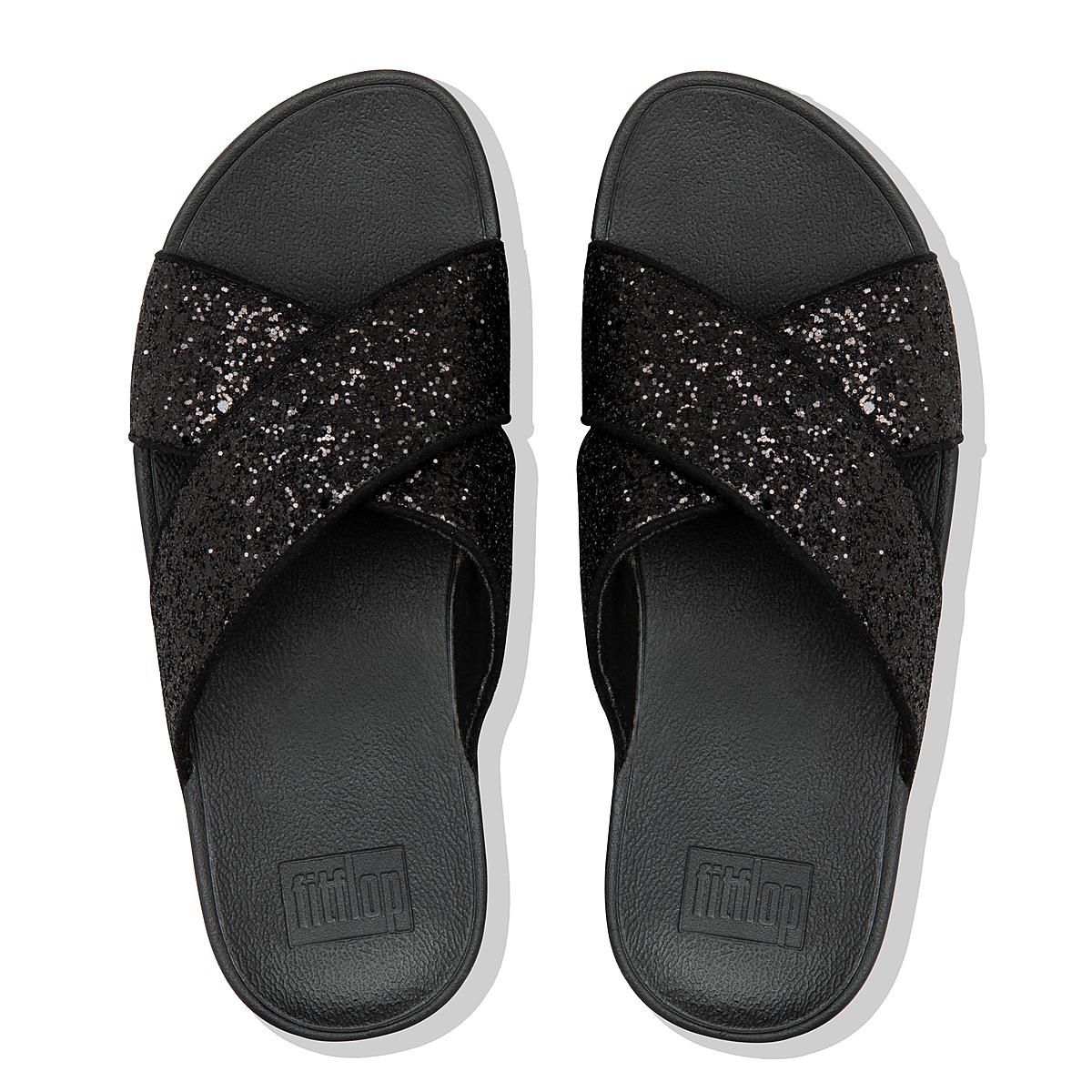 Women's Fitflop LULU Glitter Cross Slides Sandals Black | Ireland-52304