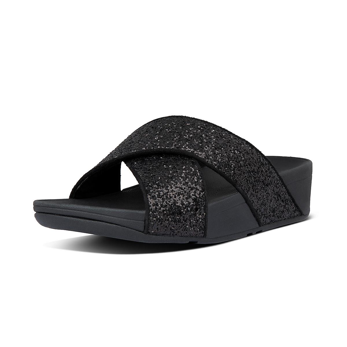 Women's Fitflop LULU Glitter Cross Slides Sandals Black | Ireland-52304