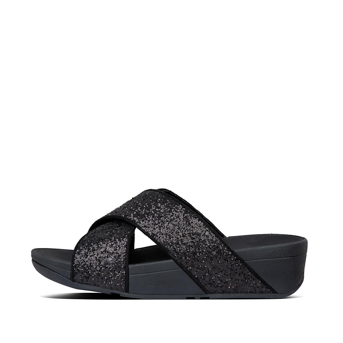 Women\'s Fitflop LULU Glitter Cross Slides Sandals Black | Ireland-52304