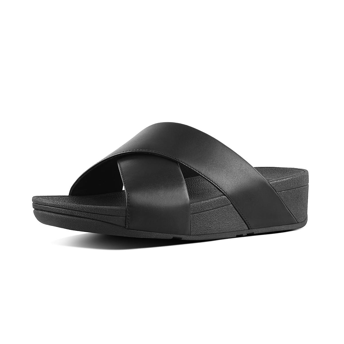 Women's Fitflop LULU Leather Cross Slides Sandals Black | Ireland-08947