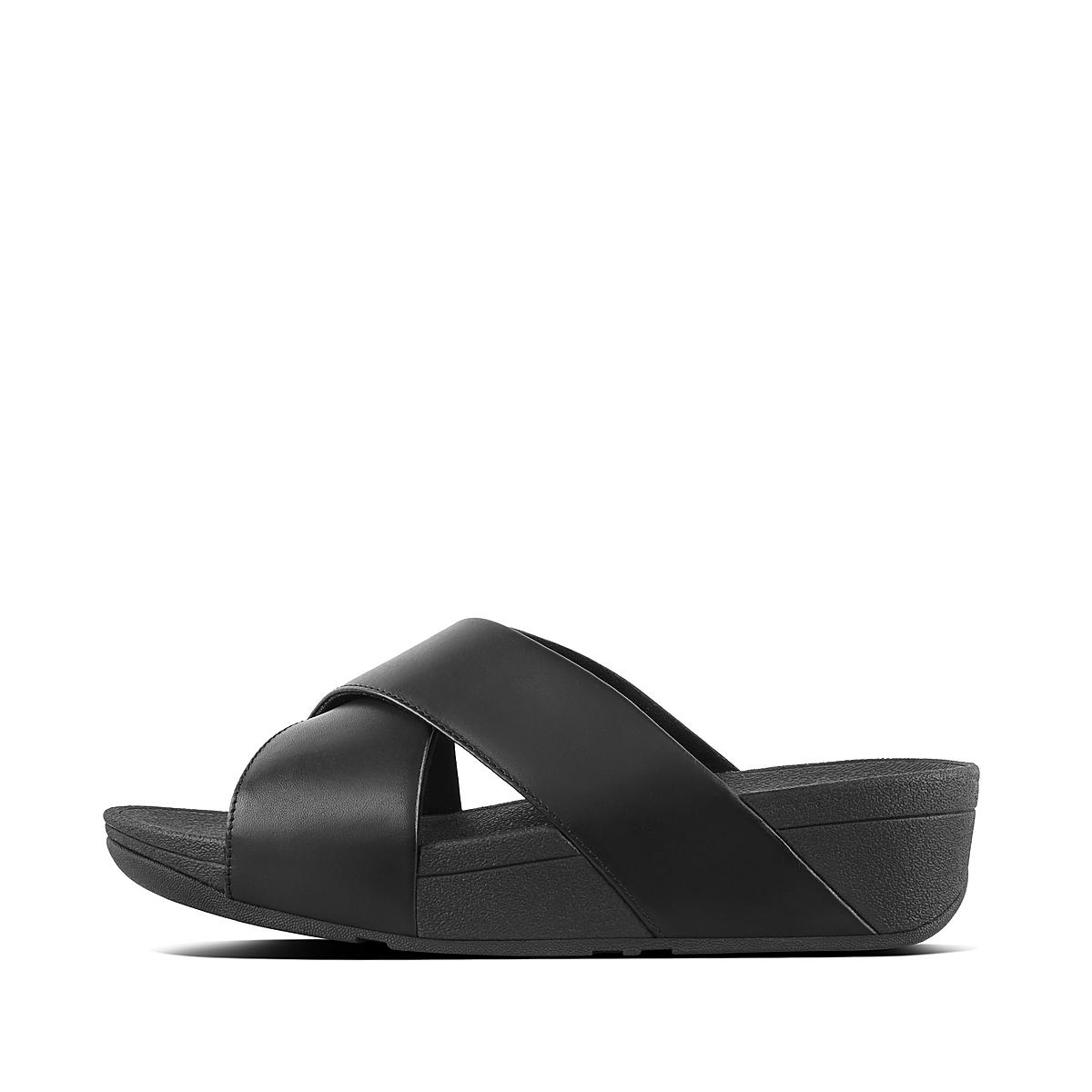 Women\'s Fitflop LULU Leather Cross Slides Sandals Black | Ireland-08947