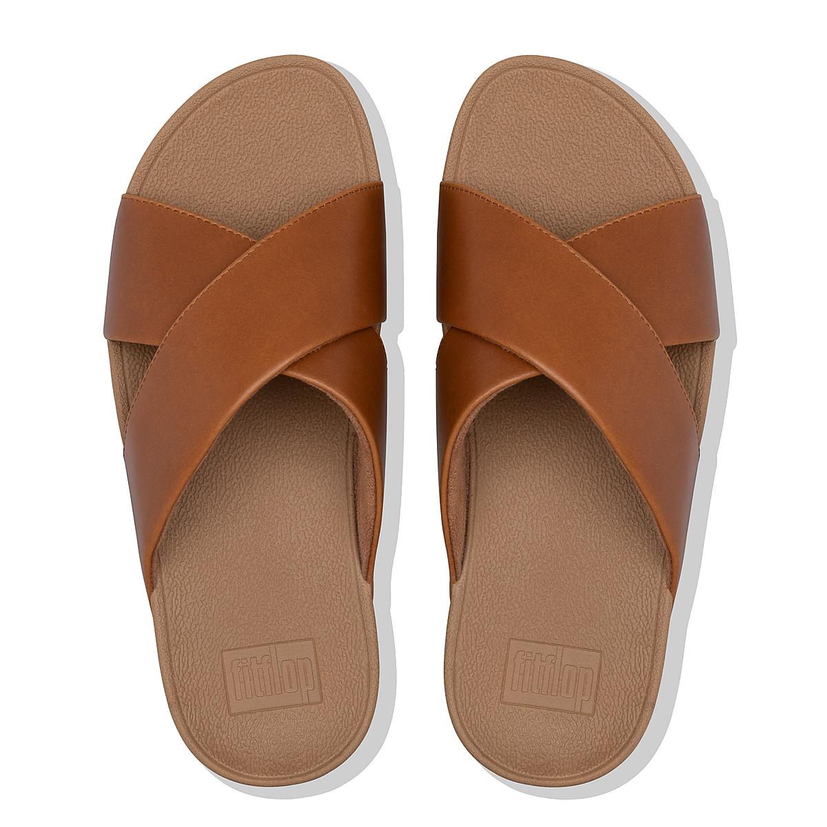 Women's Fitflop LULU Leather Cross Slides Sandals Light Brown | Ireland-24950