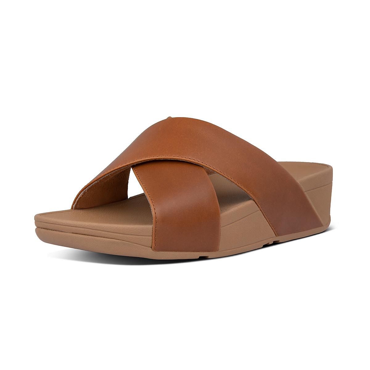 Women's Fitflop LULU Leather Cross Slides Sandals Light Brown | Ireland-24950