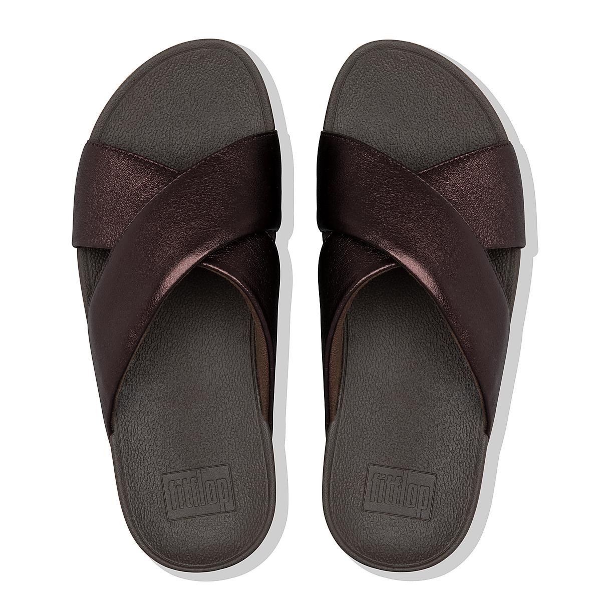 Women's Fitflop LULU Metallic Leather Cross Slides Sandals Chocolate | Ireland-89571